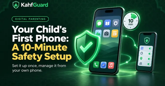 A parent phone linked to a child's first phone, protected by a green Kahf Guard shield