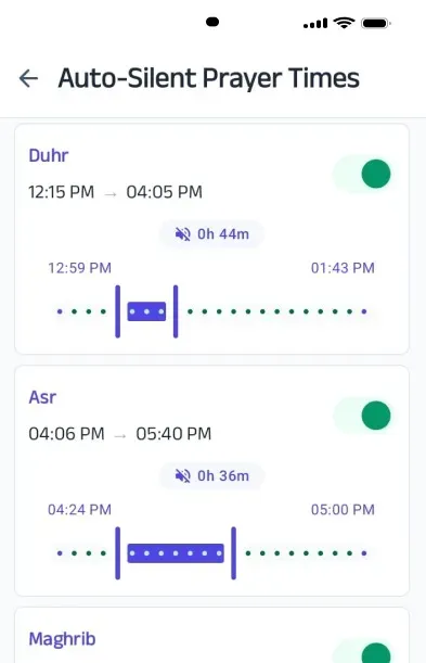 Auto-silent during Salah app screen showing prayer time settings