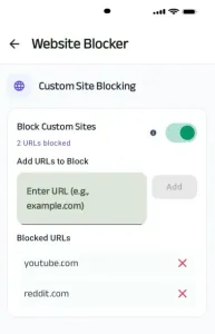 Website Blocker app screen showing blocked websites list