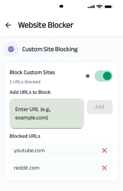 Website Blocker app screen showing blocked websites list