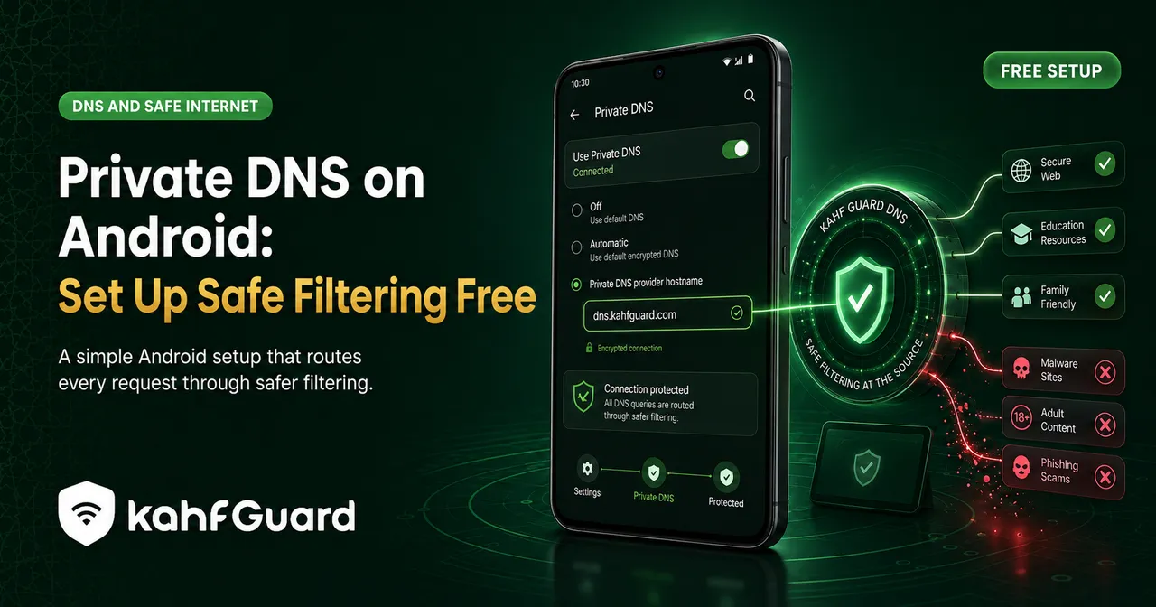 Android Private DNS settings showing Kahf Guard DNS configuration with secure filtering at the source