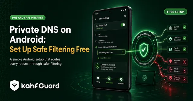 Android Private DNS settings showing Kahf Guard DNS configuration with secure filtering at the source