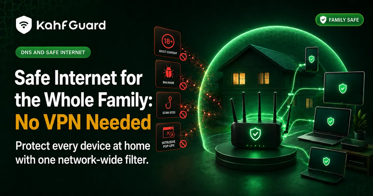 Kahf Guard router protecting every device at home with one network-wide filter — blocking adult content, malware, scam sites, and intrusive pop-ups