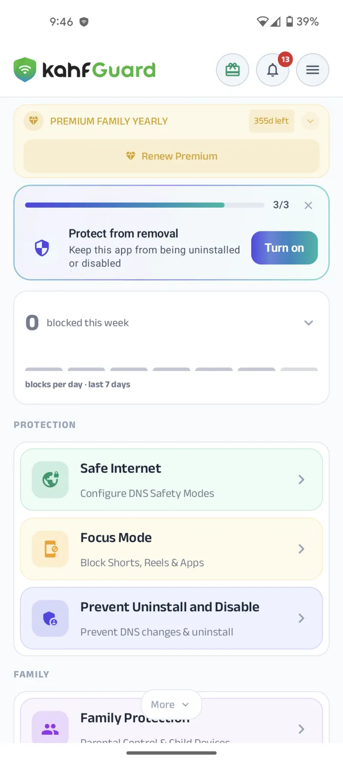 Kahf Guard home screen with the Family Protection option