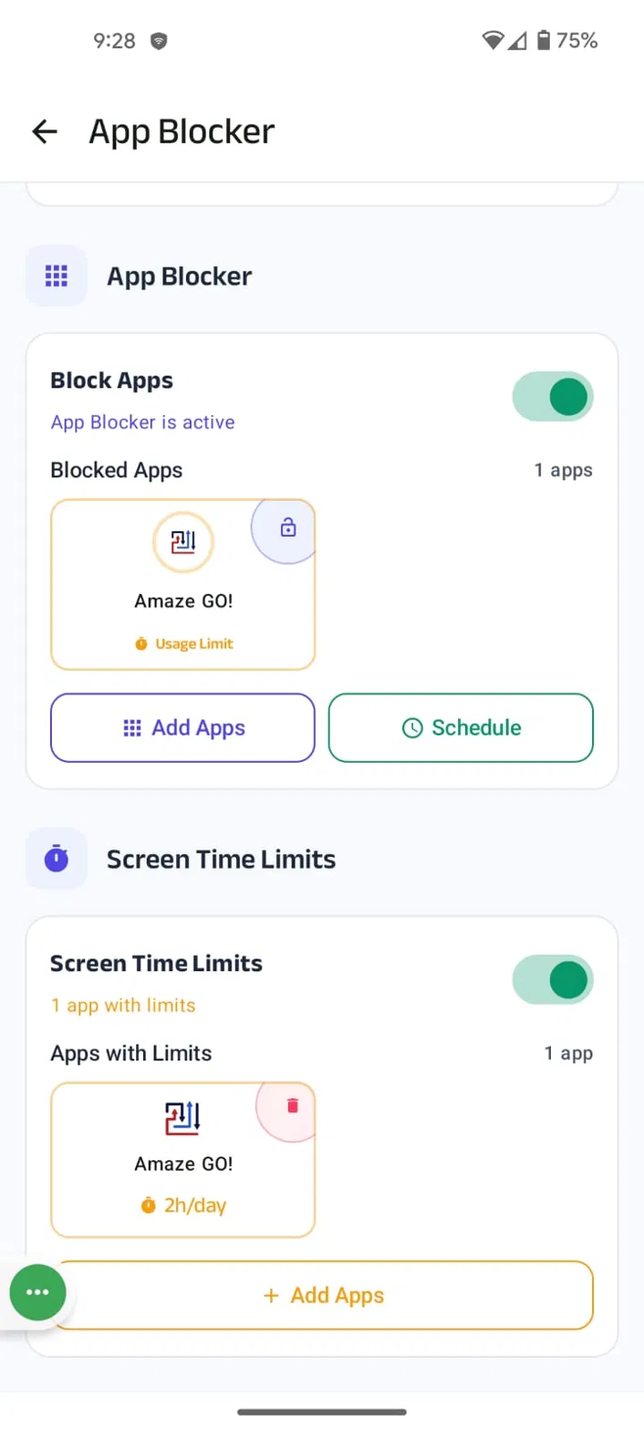 Screen Time Limits list showing the app with its daily limit