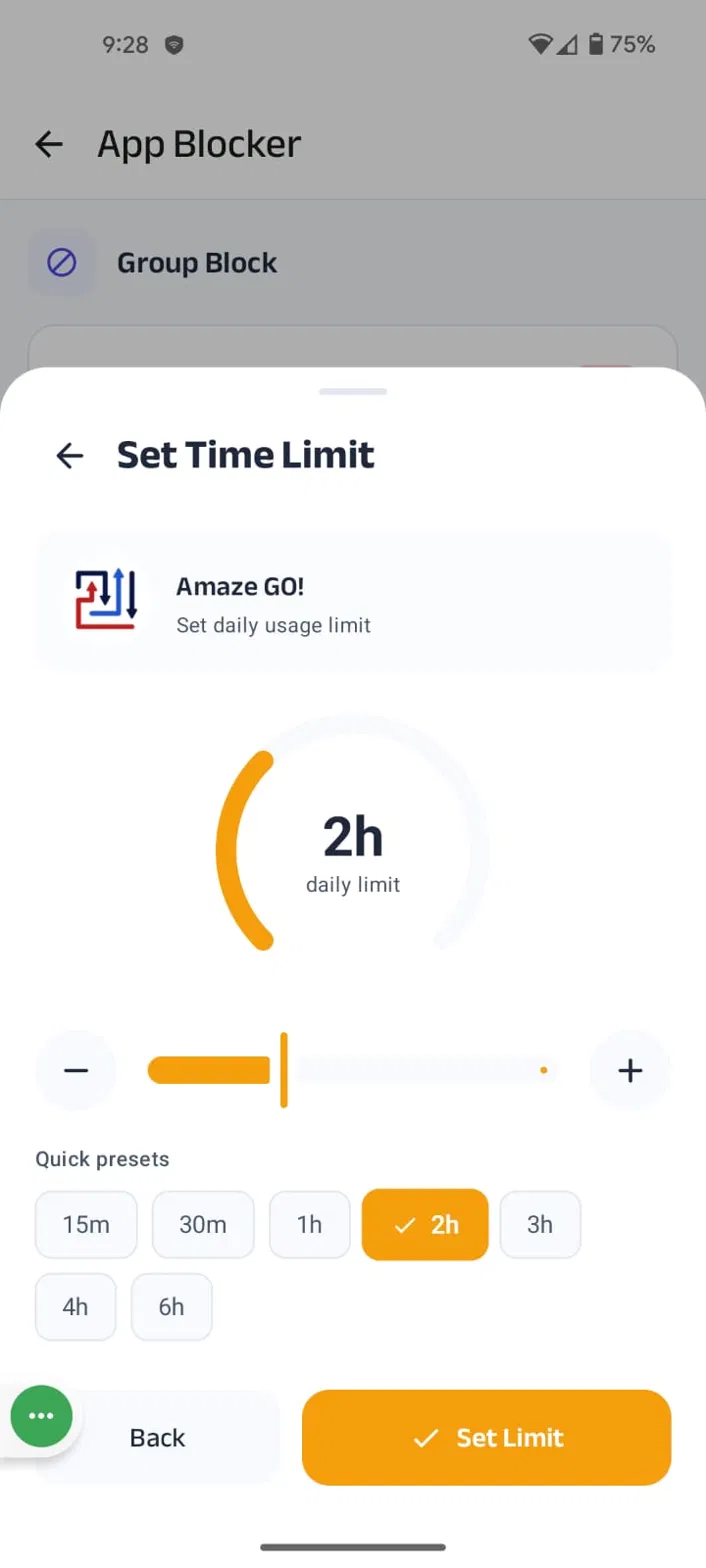 Set Time Limit screen with daily limit slider